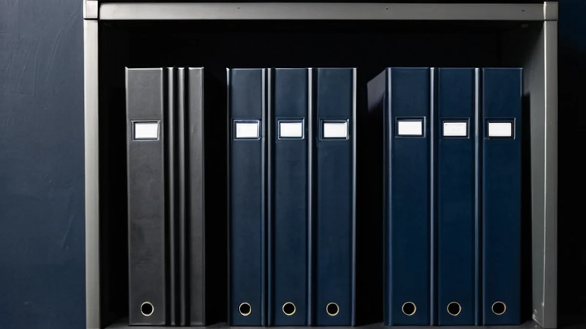 A row of navy ring binders with blank label slots on a dark metal shelf.