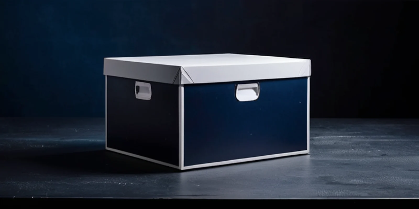 A navy shipping box with a white lid on a dark steel surface.