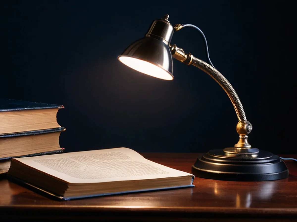 A brass desk lamp lighting an open book and a small stack of books on a dark wooden desk, against a deep navy wall.