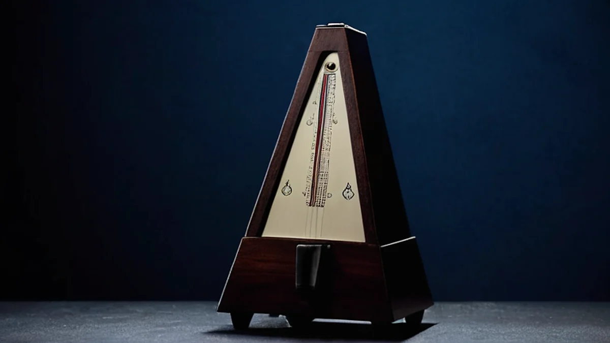 A metronome in deep shadow on a navy surface, light catching its steel arm.