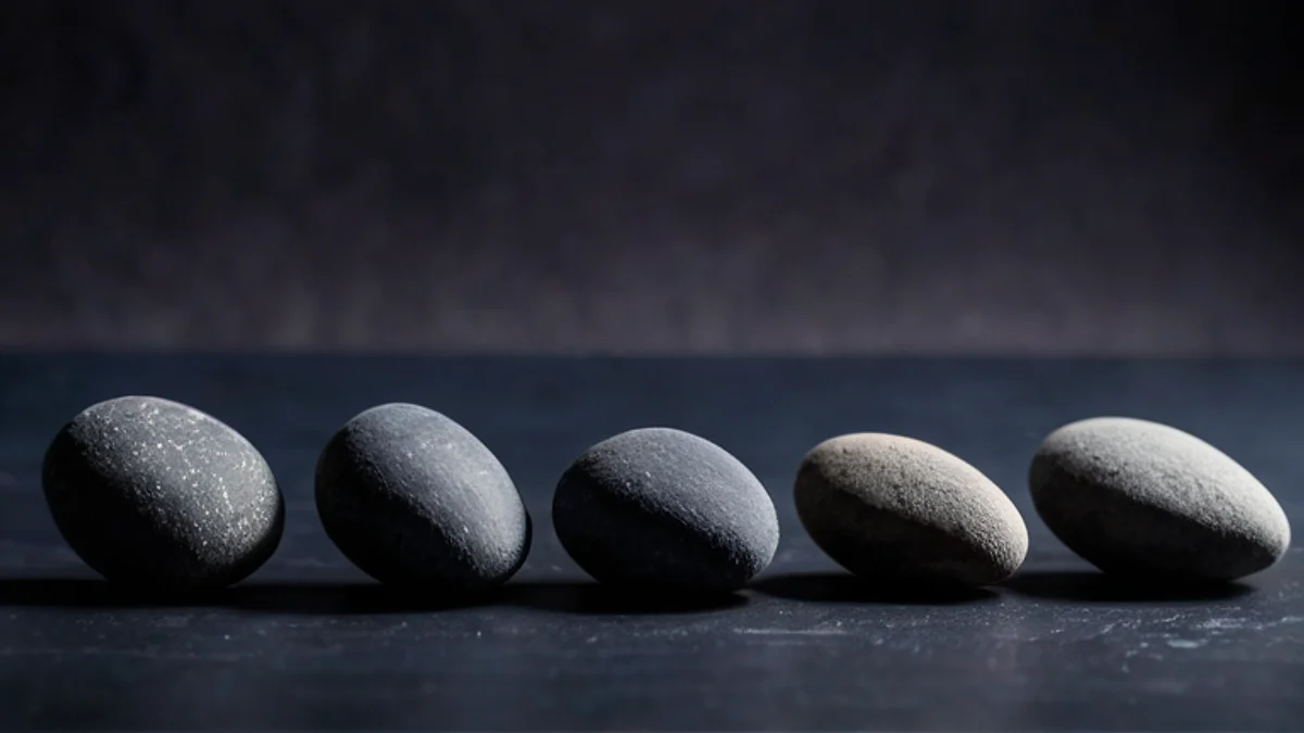 A row of identical smooth grey pebbles set at even intervals on dark slate.