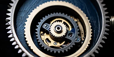 The exposed gears of a watch movement, close up against a dark navy background.