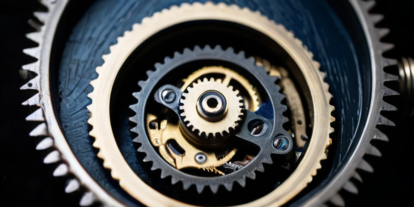 The exposed gears of a watch movement, close up against a dark navy background.