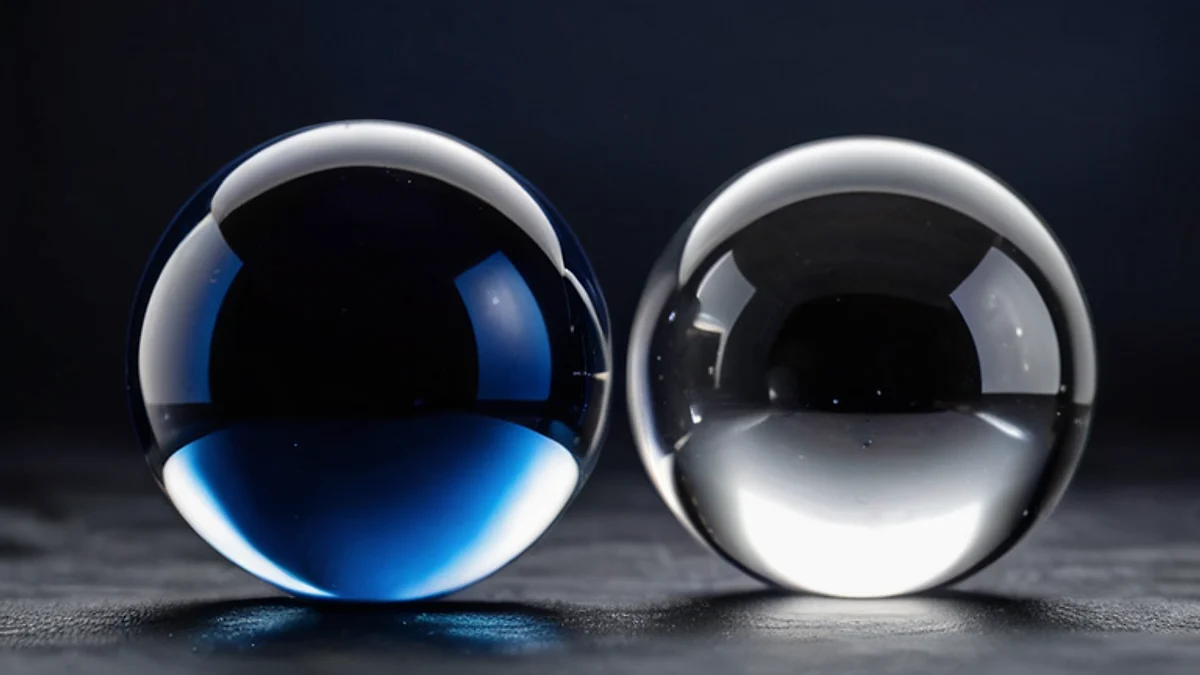 Two glass spheres on dark stone, one tinted blue and one perfectly clear.