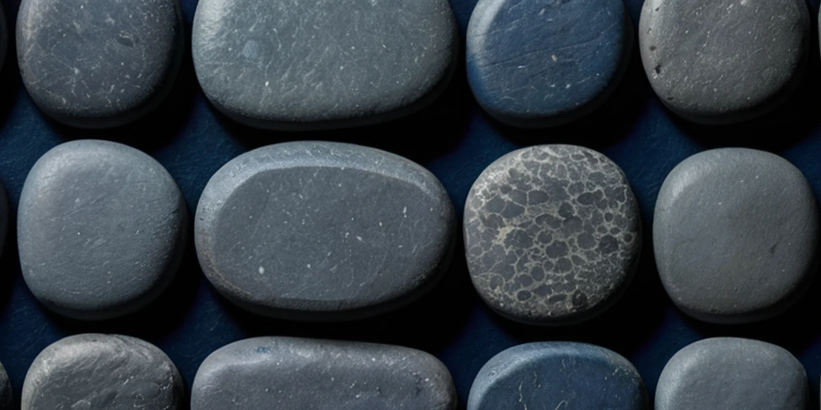 Rows of small smooth river stones set out in a grid on dark slate, each one slightly different.
