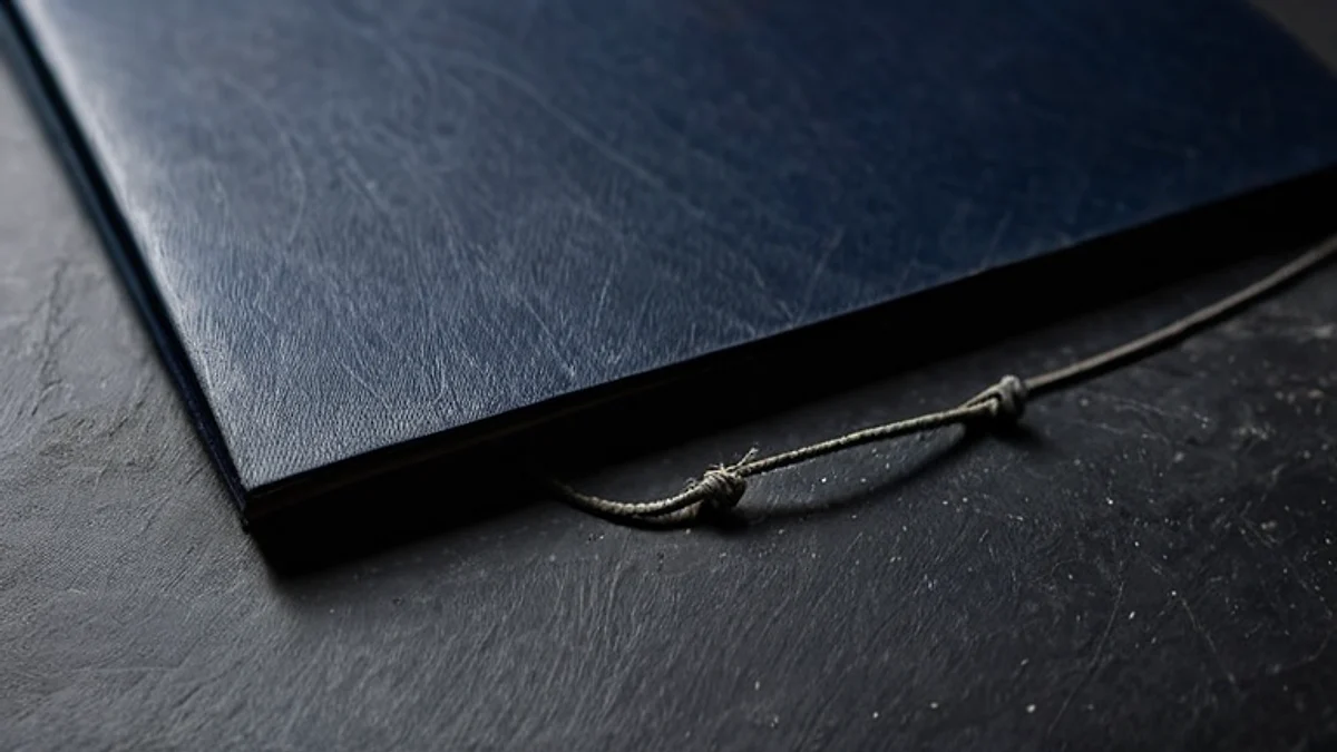 A plain dark navy folder on dark slate, a thin grey cord trailing from it.
