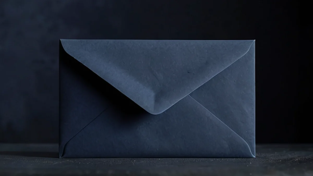 A sealed blank white envelope on a navy desk in soft light.
