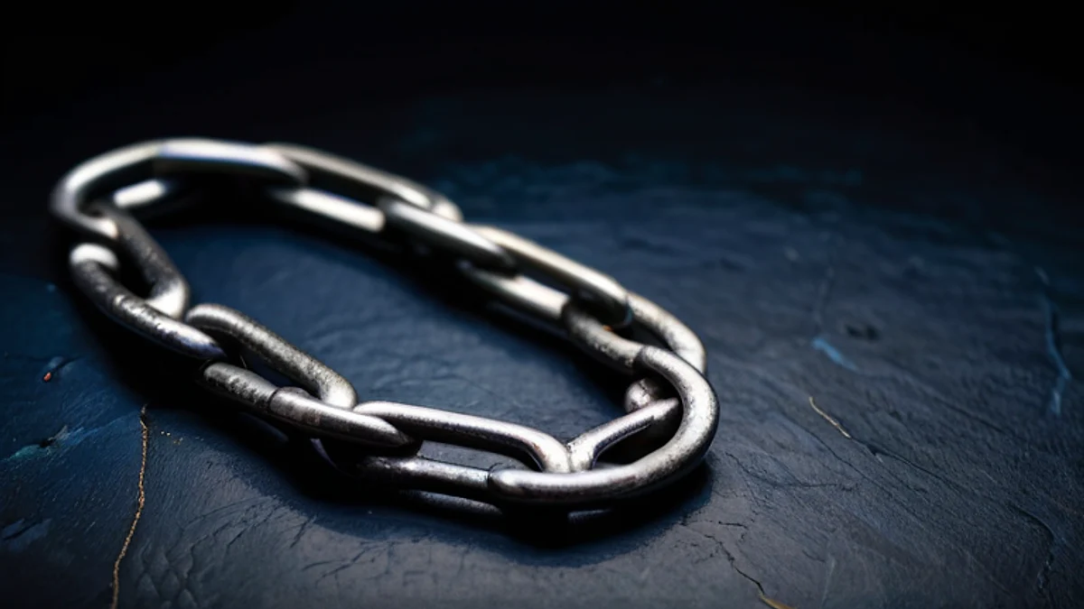 A loop of steel chain lying on dark stone in cool light.