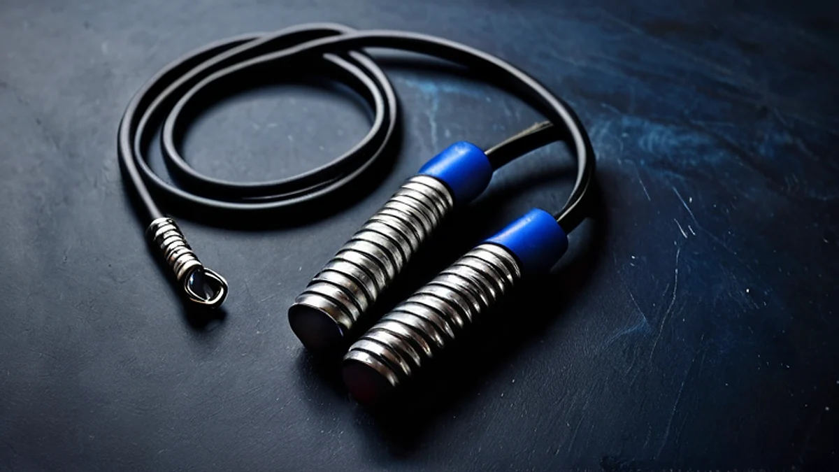 A coiled jump rope with steel handles lying on a dark floor.
