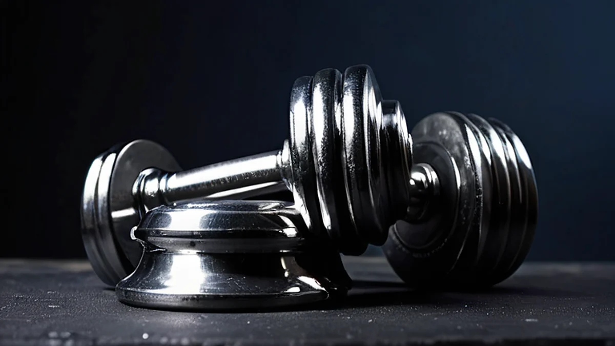 A smooth chrome dumbbell resting on dark concrete, edged with cool light.