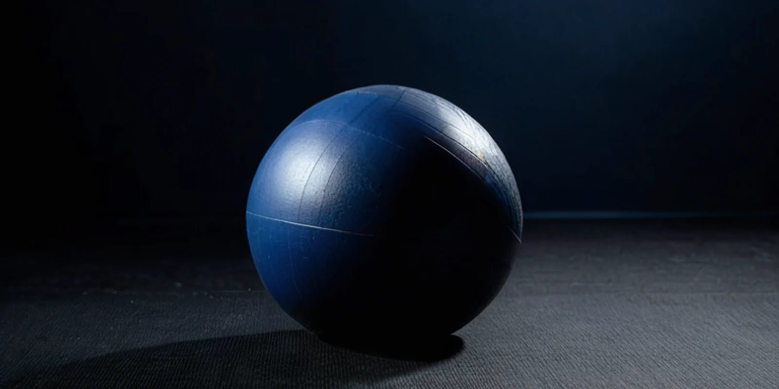 A smooth navy exercise ball on a dark rubber gym floor under a single overhead light.