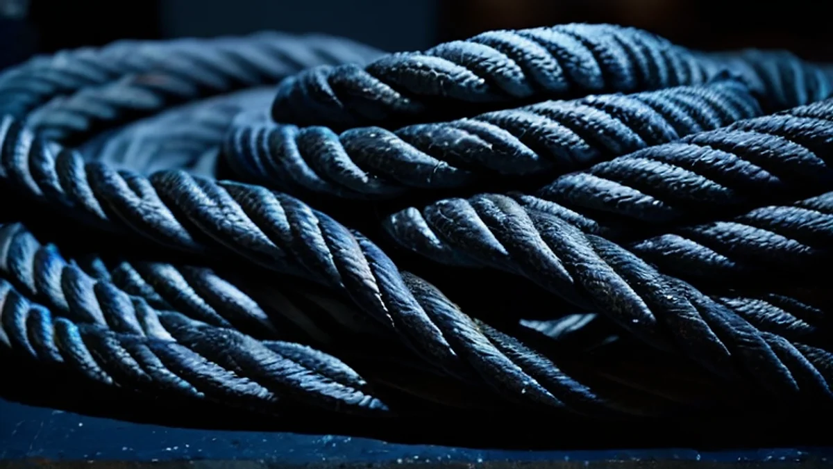 A coil of heavy mooring rope on a dark ship deck at night.