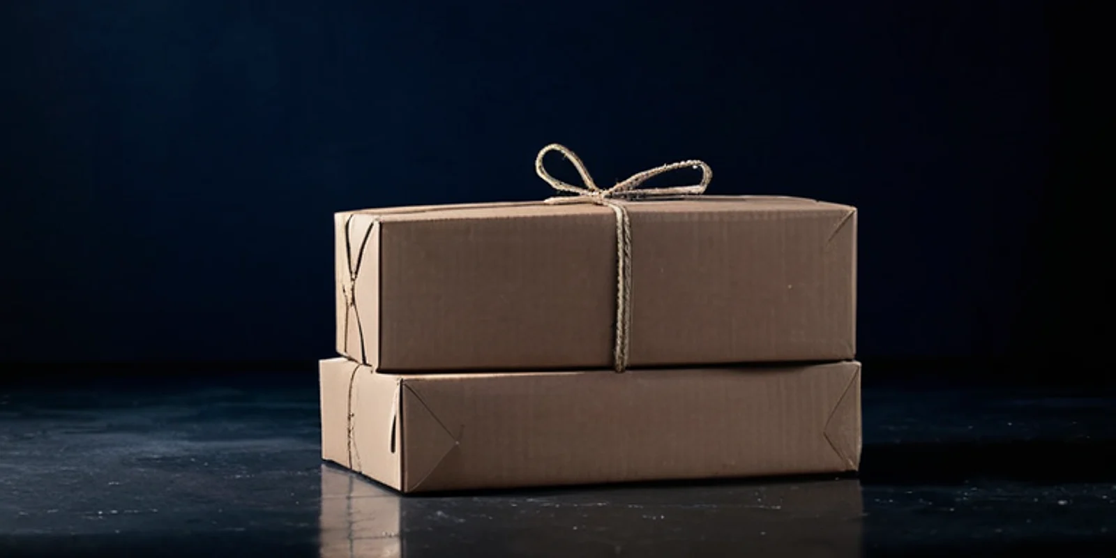 Two plain kraft-paper parcels tied with twine on a dark floor in cool blue light.