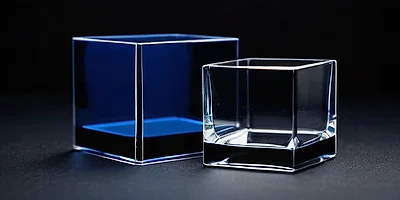 Two glass cubes side by side on dark slate, one tinted blue and one perfectly clear.