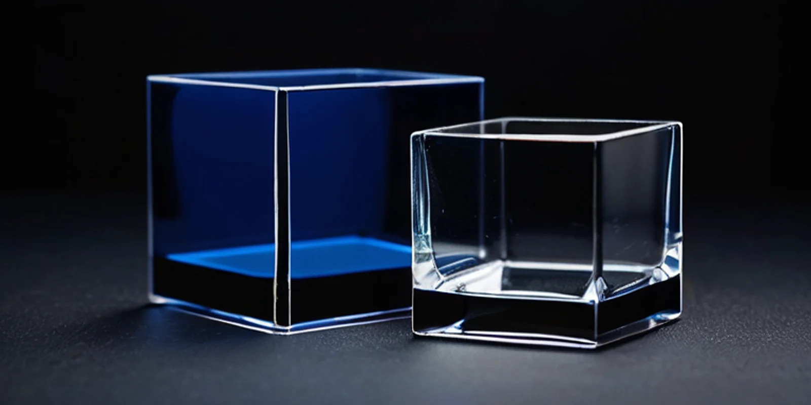 Two glass cubes side by side on dark slate, one tinted blue and one perfectly clear.