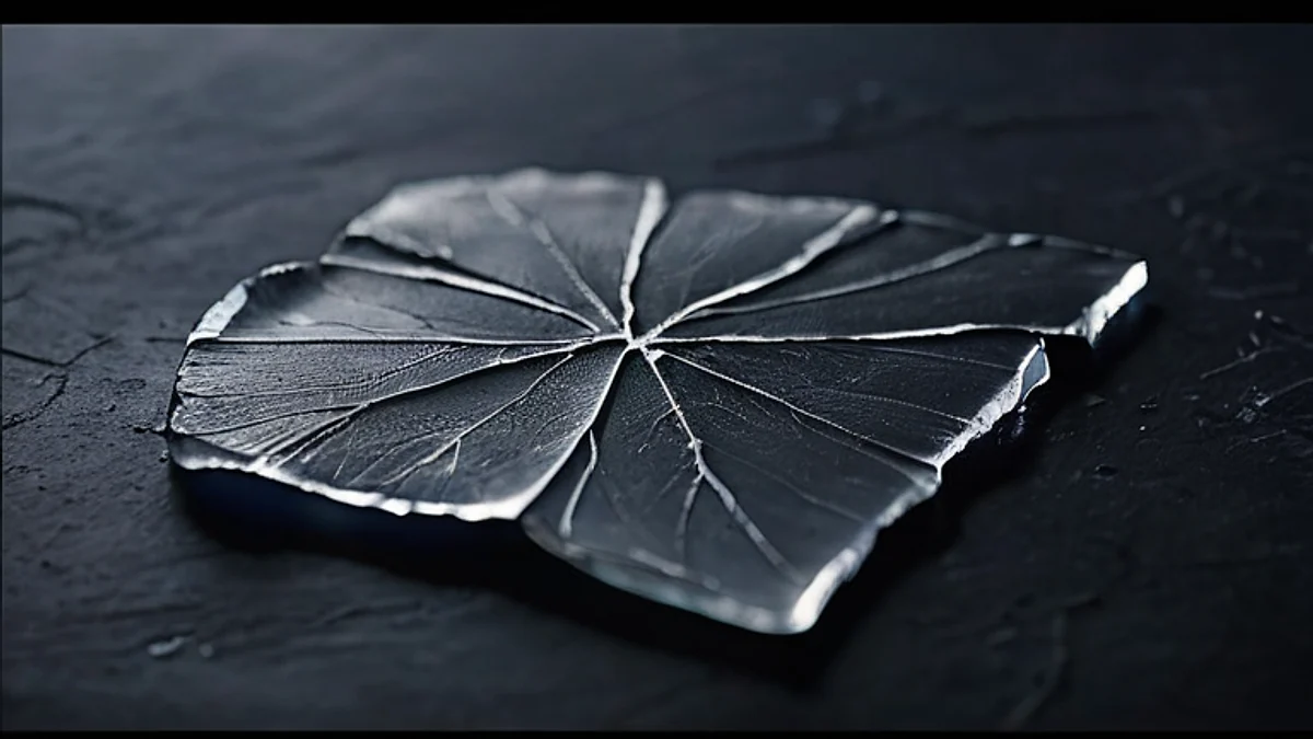 A thin sheet of ice on dark stone, its cracks catching the light.