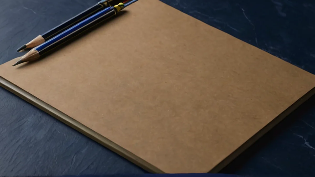 Two pencils lying on a blank kraft-paper board on a dark navy surface.