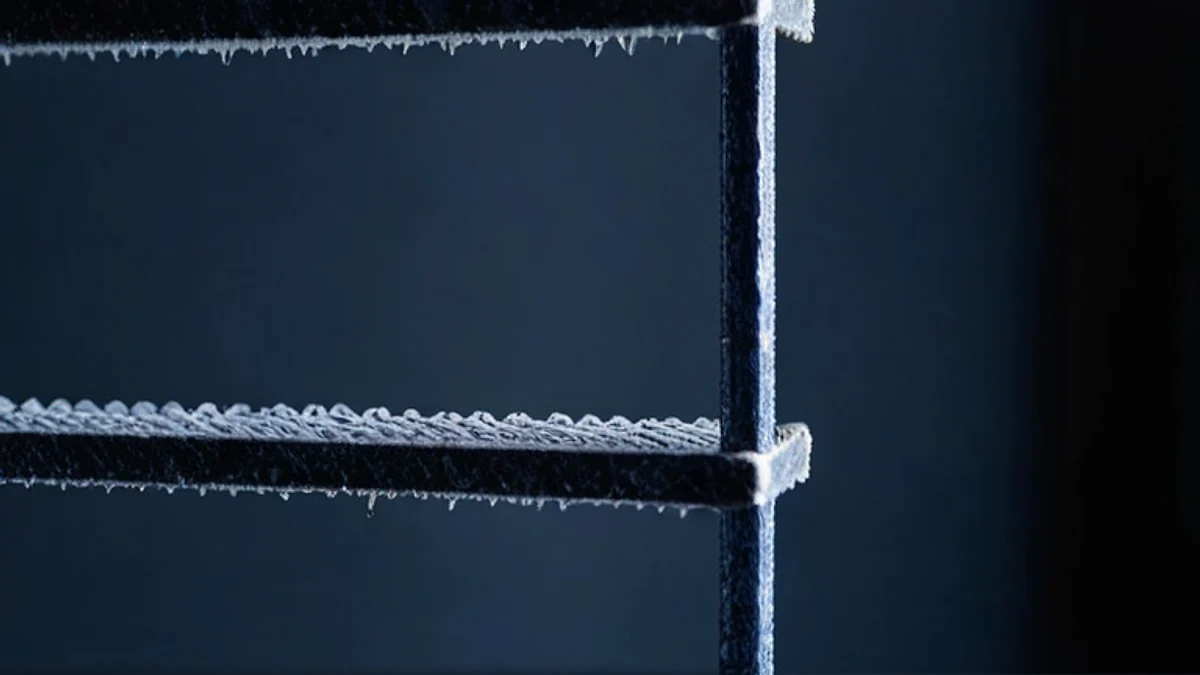 Frost on a steel wire shelf, seen close up in cold light.