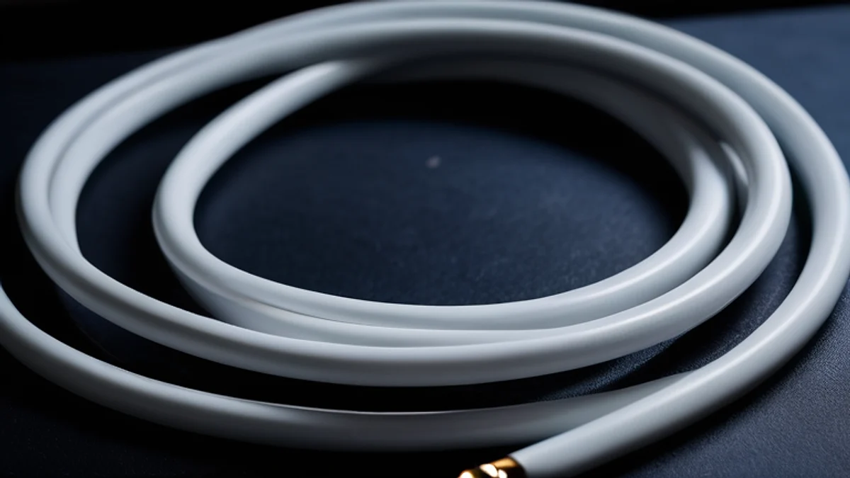 A coiled white sensor cable on dark steel in soft cool light.