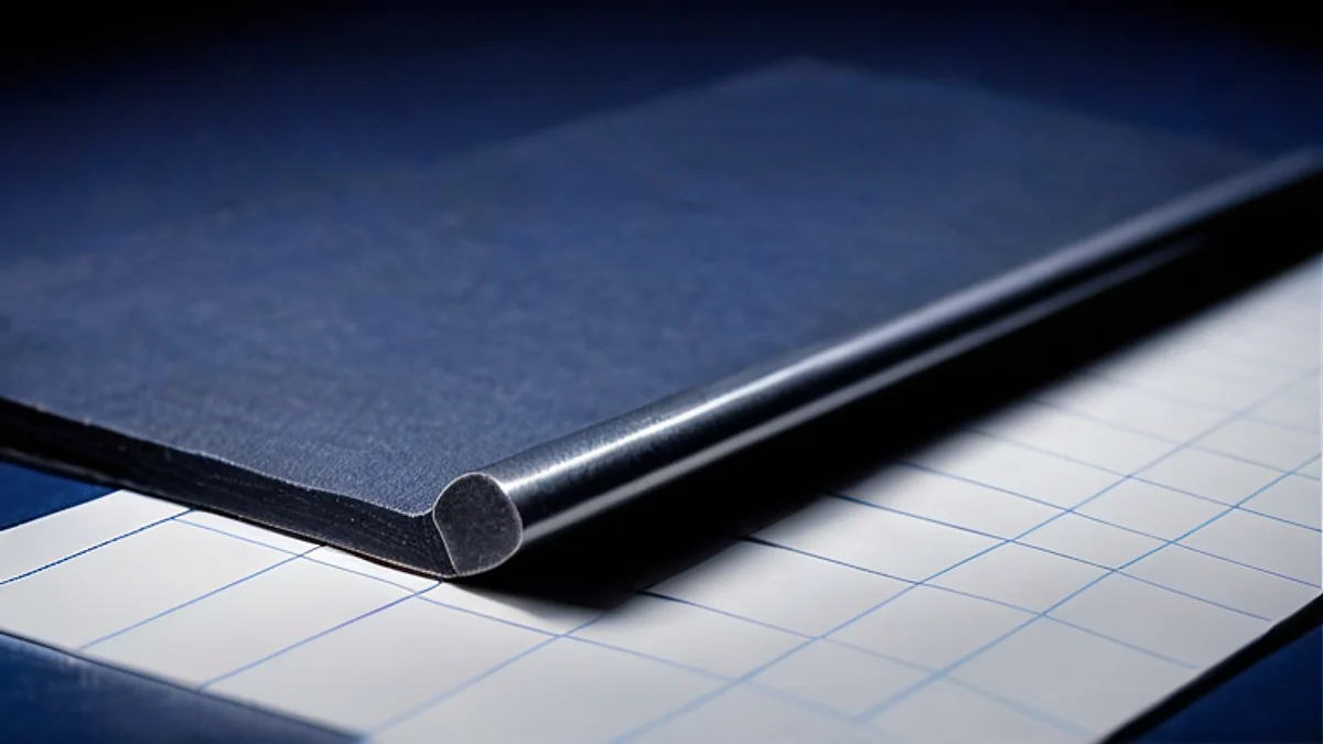 A dark navy board with a rolled steel edge lying across blank graph paper.