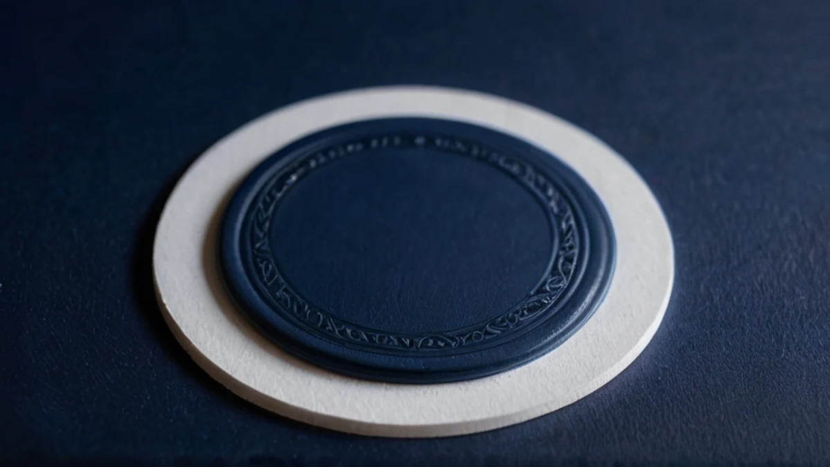 A blank navy seal embossed on a round white card, seen close up.
