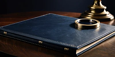 A closed navy leather folder on a dark wooden desk, a round magnifier resting on it beside a brass lamp base.