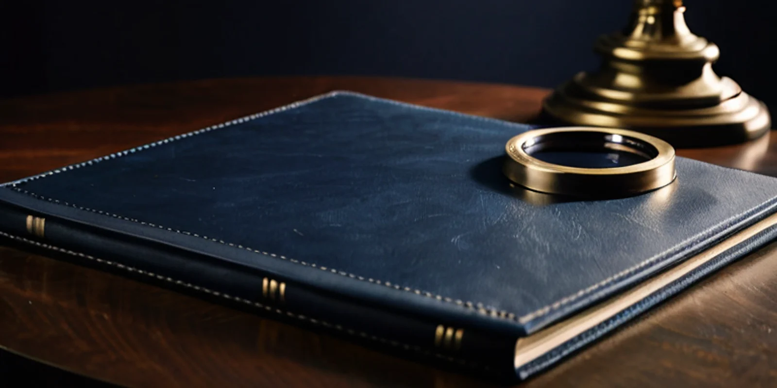 A closed navy leather folder on a dark wooden desk, a round magnifier resting on it beside a brass lamp base.