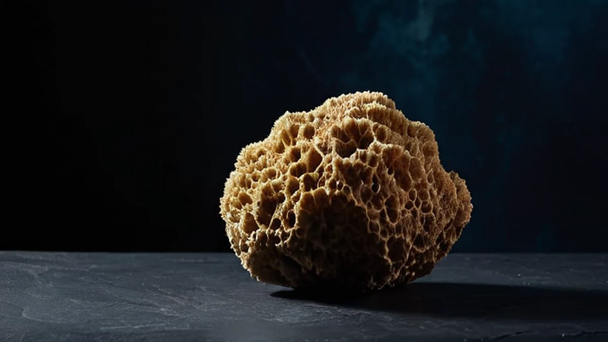 A natural sea sponge on dark slate in cool light.