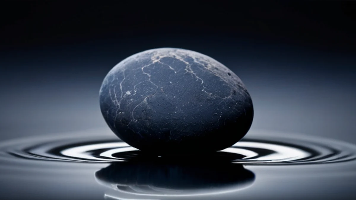 A smooth river stone half submerged in dark, still water.
