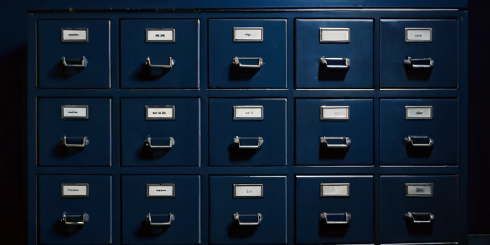 Rows of identical navy archive drawers with blank label holders, in cool light.